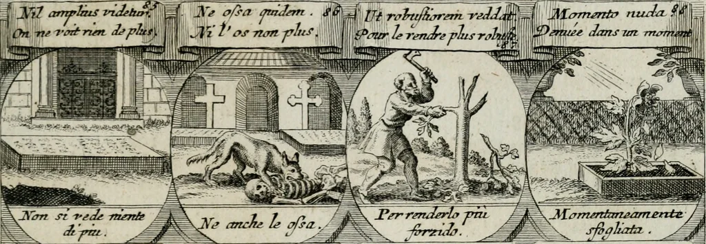 An illustration from M. Laurentii Wolfgangi Woyttens Emblematischer Parnassus : worauf die Musen, ihre Blumen-lese zu allerhand Freuden und Trauer-kränken halten. Um den Lob-werthen Tugend-chor durch angenehme rosen hergegen das ungezähmte Laster-thun mit wildem Dorn- und Distel-flor zu krönen, 1727, leaf 112