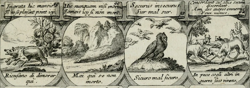 An illustration from M. Laurentii Wolfgangi Woyttens Emblematischer Parnassus : worauf die Musen, ihre Blumen-lese zu allerhand Freuden und Trauer-kränken halten. Um den Lob-werthen Tugend-chor durch angenehme rosen hergegen das ungezähmte Laster-thun mit wildem Dorn- und Distel-flor zu krönen, 1727, leaf 112
