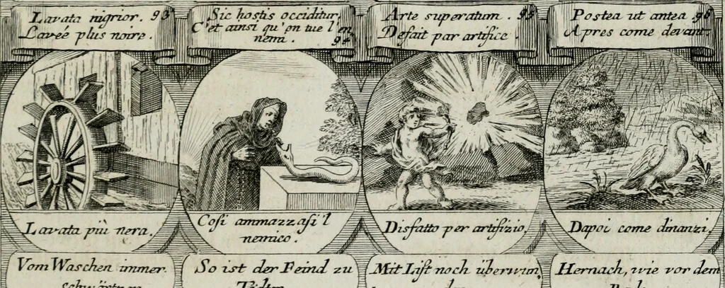 An illustration from M. Laurentii Wolfgangi Woyttens Emblematischer Parnassus : worauf die Musen, ihre Blumen-lese zu allerhand Freuden und Trauer-kränken halten. Um den Lob-werthen Tugend-chor durch angenehme rosen hergegen das ungezähmte Laster-thun mit wildem Dorn- und Distel-flor zu krönen, 1727, leaf 112