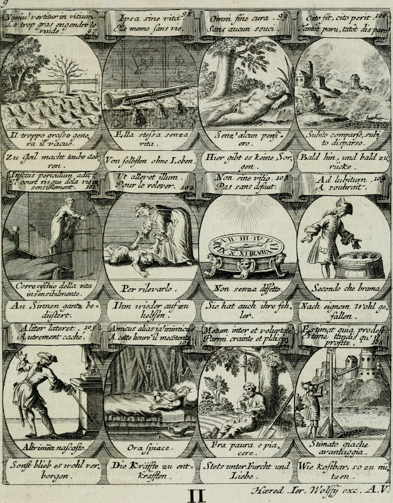 An illustration from M. Laurentii Wolfgangi Woyttens Emblematischer Parnassus : worauf die Musen, ihre Blumen-lese zu allerhand Freuden und Trauer-kränken halten. Um den Lob-werthen Tugend-chor durch angenehme rosen hergegen das ungezähmte Laster-thun mit wildem Dorn- und Distel-flor zu krönen, 1727, leaf 114
