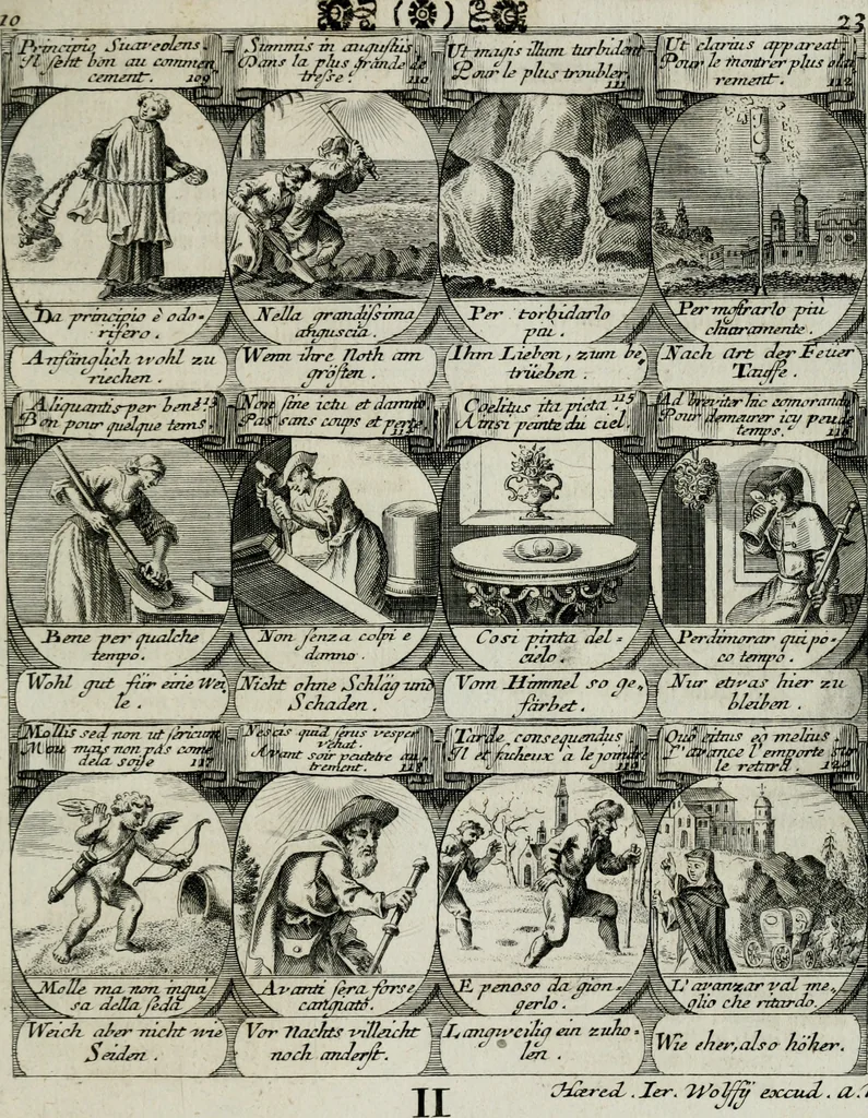 An illustration from M. Laurentii Wolfgangi Woyttens Emblematischer Parnassus : worauf die Musen, ihre Blumen-lese zu allerhand Freuden und Trauer-kränken halten. Um den Lob-werthen Tugend-chor durch angenehme rosen hergegen das ungezähmte Laster-thun mit wildem Dorn- und Distel-flor zu krönen, 1727, leaf 116