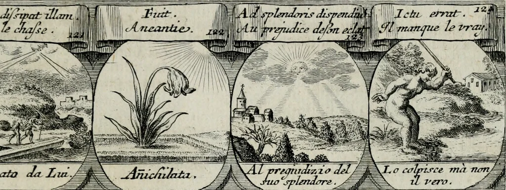 An illustration from M. Laurentii Wolfgangi Woyttens Emblematischer Parnassus : worauf die Musen, ihre Blumen-lese zu allerhand Freuden und Trauer-kränken halten. Um den Lob-werthen Tugend-chor durch angenehme rosen hergegen das ungezähmte Laster-thun mit wildem Dorn- und Distel-flor zu krönen, 1727, leaf 118