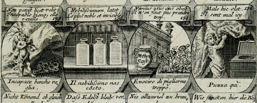 An illustration from M. Laurentii Wolfgangi Woyttens Emblematischer Parnassus : worauf die Musen, ihre Blumen-lese zu allerhand Freuden und Trauer-kränken halten. Um den Lob-werthen Tugend-chor durch angenehme rosen hergegen das ungezähmte Laster-thun mit wildem Dorn- und Distel-flor zu krönen, 1727, leaf 118