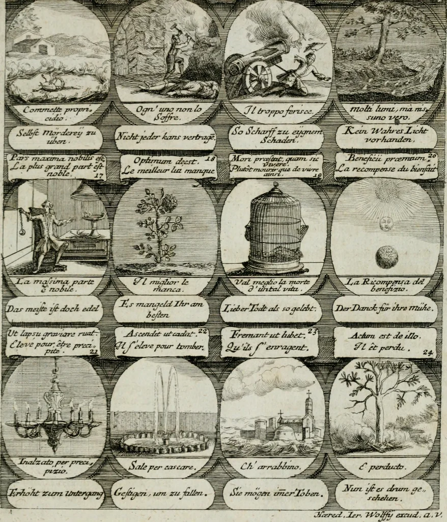 An illustration from M. Laurentii Wolfgangi Woyttens Emblematischer Parnassus : worauf die Musen, ihre Blumen-lese zu allerhand Freuden und Trauer-kränken halten. Um den Lob-werthen Tugend-chor durch angenehme rosen hergegen das ungezähmte Laster-thun mit wildem Dorn- und Distel-flor zu krönen, 1727, leaf 12