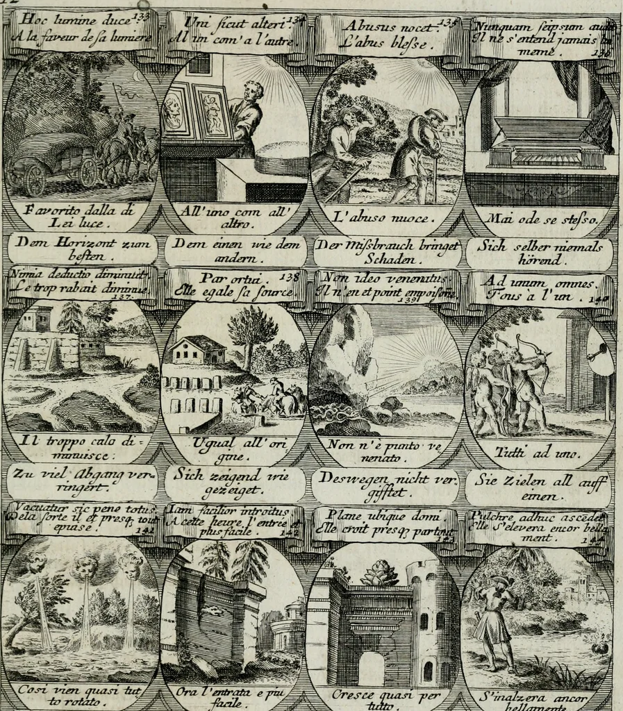 An illustration from M. Laurentii Wolfgangi Woyttens Emblematischer Parnassus : worauf die Musen, ihre Blumen-lese zu allerhand Freuden und Trauer-kränken halten. Um den Lob-werthen Tugend-chor durch angenehme rosen hergegen das ungezähmte Laster-thun mit wildem Dorn- und Distel-flor zu krönen, 1727, leaf 120