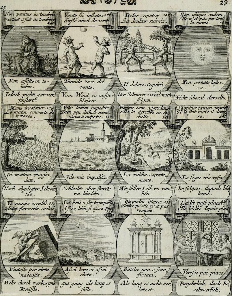 An illustration from M. Laurentii Wolfgangi Woyttens Emblematischer Parnassus : worauf die Musen, ihre Blumen-lese zu allerhand Freuden und Trauer-kränken halten. Um den Lob-werthen Tugend-chor durch angenehme rosen hergegen das ungezähmte Laster-thun mit wildem Dorn- und Distel-flor zu krönen, 1727, leaf 122