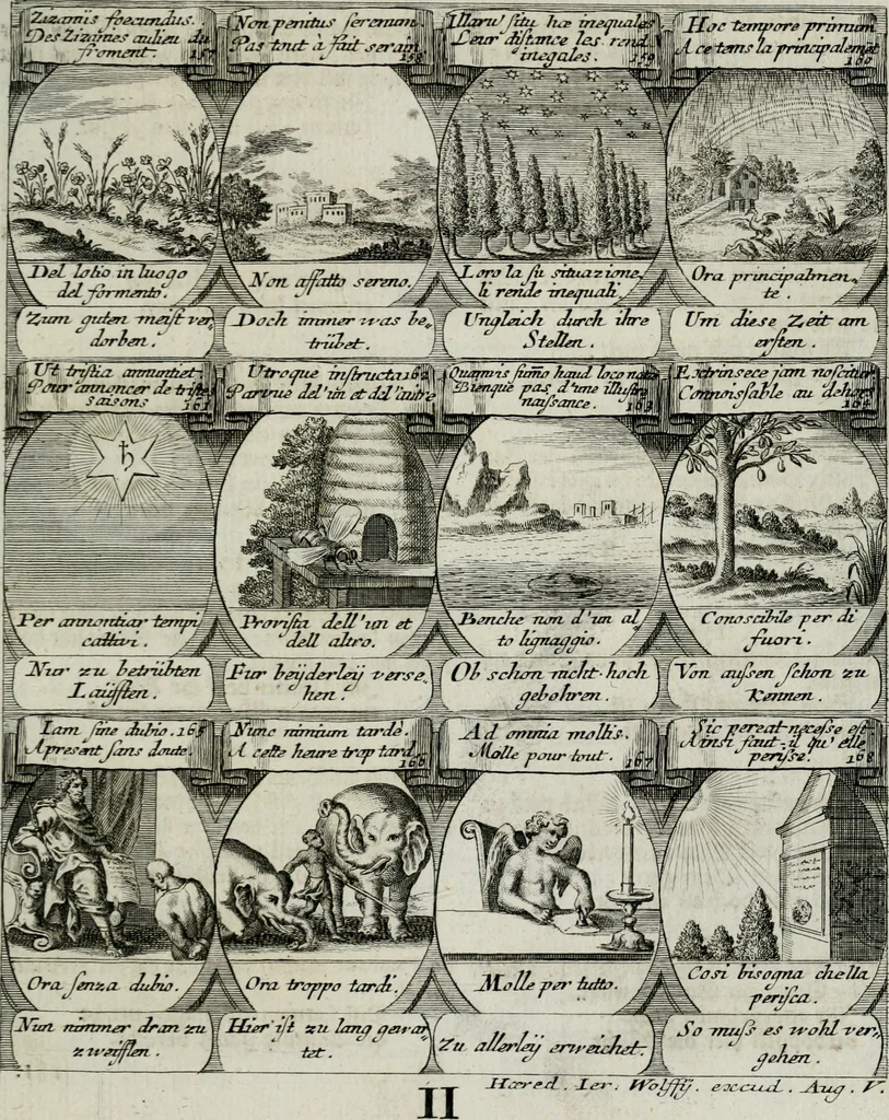 An illustration from M. Laurentii Wolfgangi Woyttens Emblematischer Parnassus : worauf die Musen, ihre Blumen-lese zu allerhand Freuden und Trauer-kränken halten. Um den Lob-werthen Tugend-chor durch angenehme rosen hergegen das ungezähmte Laster-thun mit wildem Dorn- und Distel-flor zu krönen, 1727, leaf 124