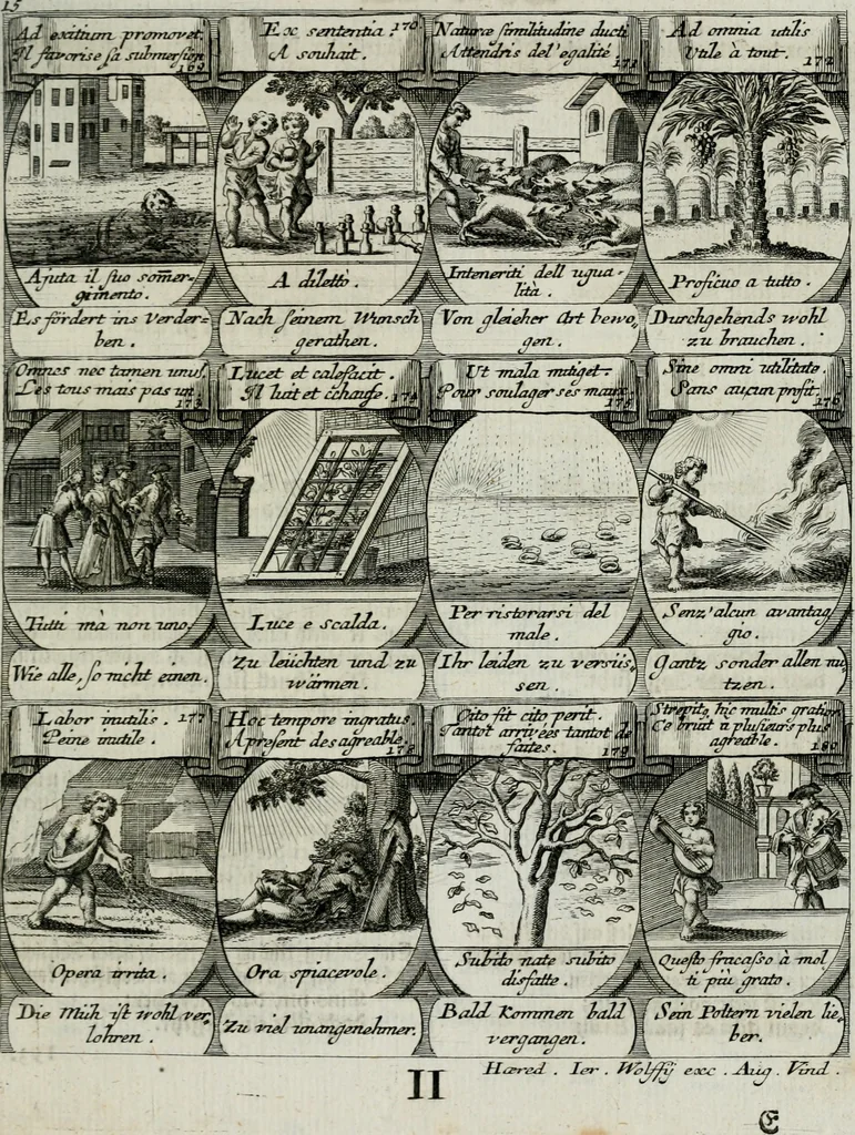 An illustration from M. Laurentii Wolfgangi Woyttens Emblematischer Parnassus : worauf die Musen, ihre Blumen-lese zu allerhand Freuden und Trauer-kränken halten. Um den Lob-werthen Tugend-chor durch angenehme rosen hergegen das ungezähmte Laster-thun mit wildem Dorn- und Distel-flor zu krönen, 1727, leaf 126