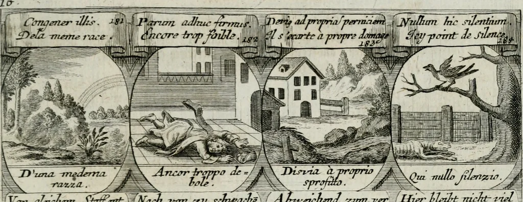 An illustration from M. Laurentii Wolfgangi Woyttens Emblematischer Parnassus : worauf die Musen, ihre Blumen-lese zu allerhand Freuden und Trauer-kränken halten. Um den Lob-werthen Tugend-chor durch angenehme rosen hergegen das ungezähmte Laster-thun mit wildem Dorn- und Distel-flor zu krönen, 1727, leaf 128