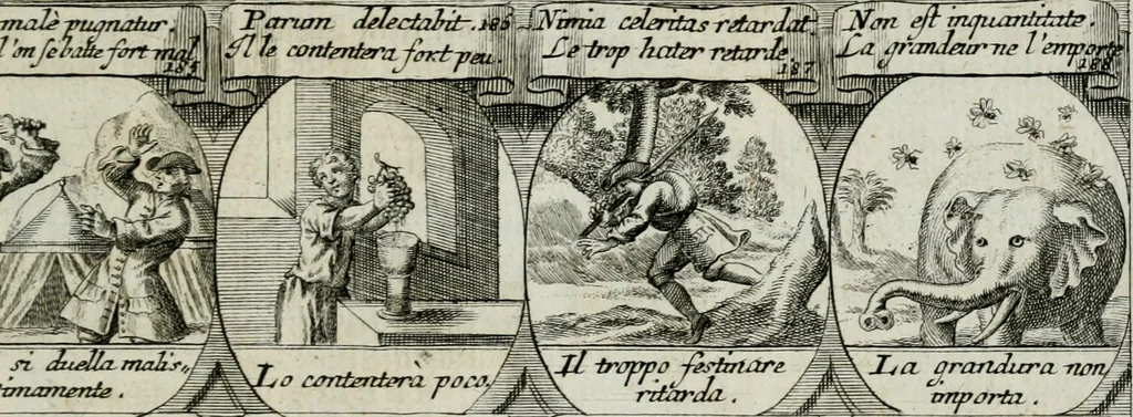 An illustration from M. Laurentii Wolfgangi Woyttens Emblematischer Parnassus : worauf die Musen, ihre Blumen-lese zu allerhand Freuden und Trauer-kränken halten. Um den Lob-werthen Tugend-chor durch angenehme rosen hergegen das ungezähmte Laster-thun mit wildem Dorn- und Distel-flor zu krönen, 1727, leaf 128