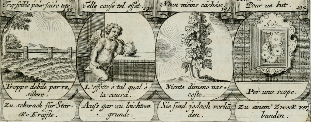 An illustration from M. Laurentii Wolfgangi Woyttens Emblematischer Parnassus : worauf die Musen, ihre Blumen-lese zu allerhand Freuden und Trauer-kränken halten. Um den Lob-werthen Tugend-chor durch angenehme rosen hergegen das ungezähmte Laster-thun mit wildem Dorn- und Distel-flor zu krönen, 1727, leaf 128