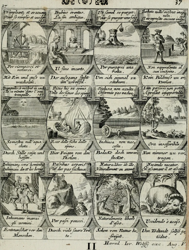 An illustration from M. Laurentii Wolfgangi Woyttens Emblematischer Parnassus : worauf die Musen, ihre Blumen-lese zu allerhand Freuden und Trauer-kränken halten. Um den Lob-werthen Tugend-chor durch angenehme rosen hergegen das ungezähmte Laster-thun mit wildem Dorn- und Distel-flor zu krönen, 1727, leaf 130