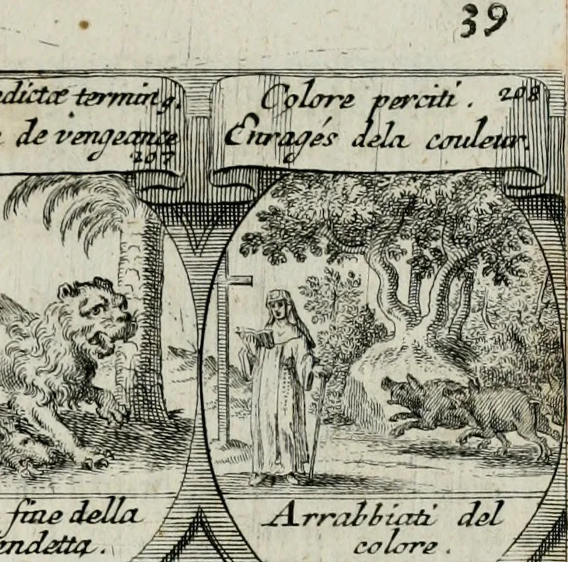 An illustration from M. Laurentii Wolfgangi Woyttens Emblematischer Parnassus : worauf die Musen, ihre Blumen-lese zu allerhand Freuden und Trauer-kränken halten. Um den Lob-werthen Tugend-chor durch angenehme rosen hergegen das ungezähmte Laster-thun mit wildem Dorn- und Distel-flor zu krönen, 1727, leaf 132