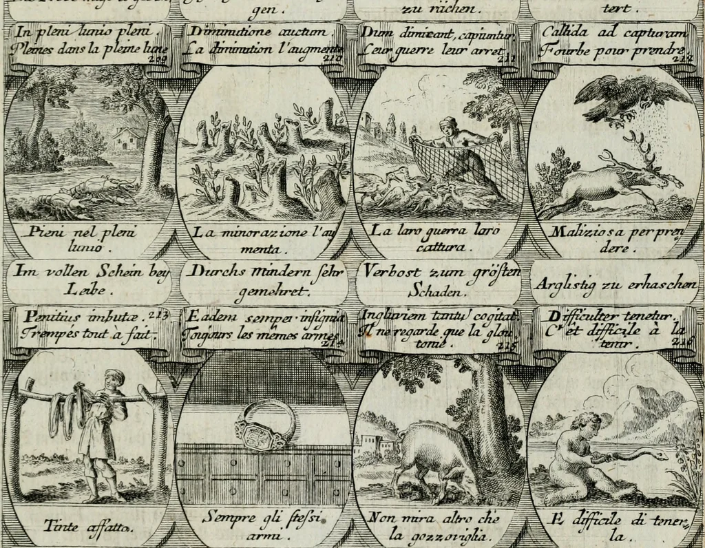 An illustration from M. Laurentii Wolfgangi Woyttens Emblematischer Parnassus : worauf die Musen, ihre Blumen-lese zu allerhand Freuden und Trauer-kränken halten. Um den Lob-werthen Tugend-chor durch angenehme rosen hergegen das ungezähmte Laster-thun mit wildem Dorn- und Distel-flor zu krönen, 1727, leaf 132