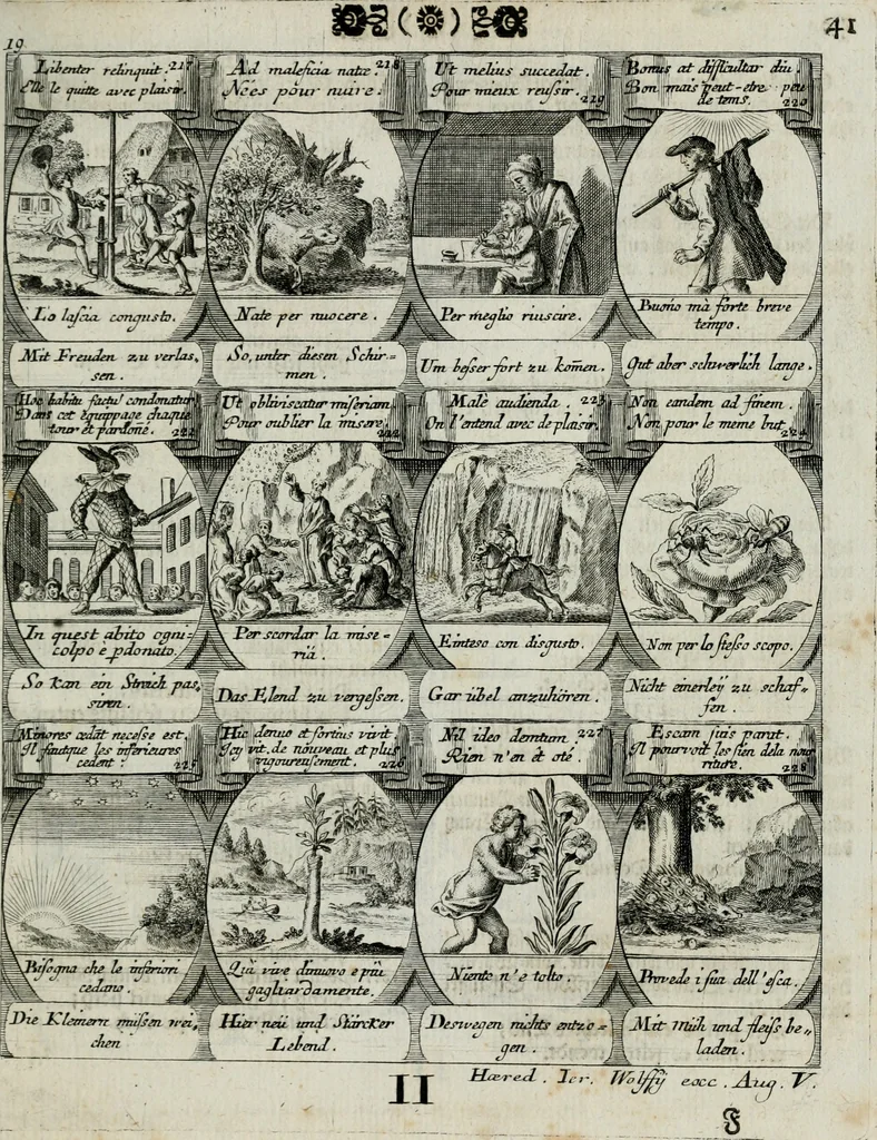 An illustration from M. Laurentii Wolfgangi Woyttens Emblematischer Parnassus : worauf die Musen, ihre Blumen-lese zu allerhand Freuden und Trauer-kränken halten. Um den Lob-werthen Tugend-chor durch angenehme rosen hergegen das ungezähmte Laster-thun mit wildem Dorn- und Distel-flor zu krönen, 1727, leaf 134
