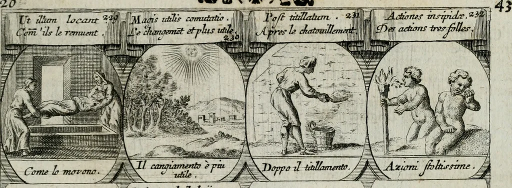 An illustration from M. Laurentii Wolfgangi Woyttens Emblematischer Parnassus : worauf die Musen, ihre Blumen-lese zu allerhand Freuden und Trauer-kränken halten. Um den Lob-werthen Tugend-chor durch angenehme rosen hergegen das ungezähmte Laster-thun mit wildem Dorn- und Distel-flor zu krönen, 1727, leaf 136