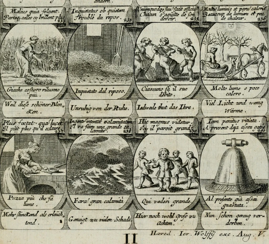 An illustration from M. Laurentii Wolfgangi Woyttens Emblematischer Parnassus : worauf die Musen, ihre Blumen-lese zu allerhand Freuden und Trauer-kränken halten. Um den Lob-werthen Tugend-chor durch angenehme rosen hergegen das ungezähmte Laster-thun mit wildem Dorn- und Distel-flor zu krönen, 1727, leaf 136