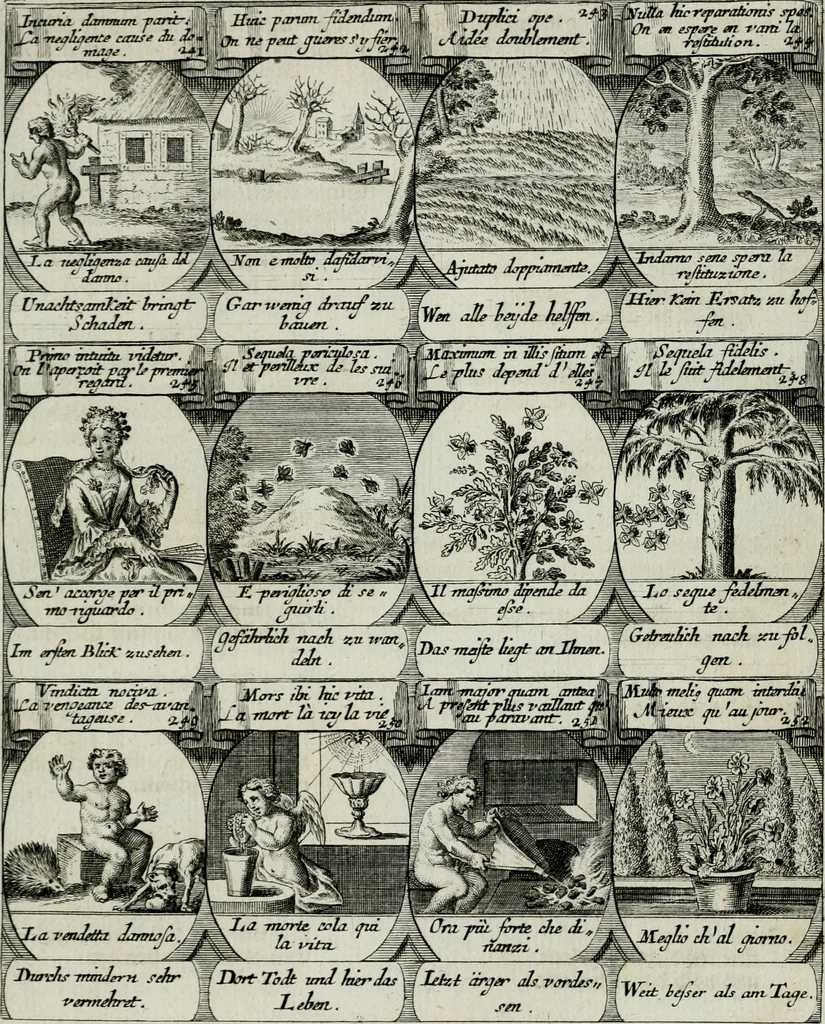 An illustration from M. Laurentii Wolfgangi Woyttens Emblematischer Parnassus : worauf die Musen, ihre Blumen-lese zu allerhand Freuden und Trauer-kränken halten. Um den Lob-werthen Tugend-chor durch angenehme rosen hergegen das ungezähmte Laster-thun mit wildem Dorn- und Distel-flor zu krönen, 1727, leaf 138