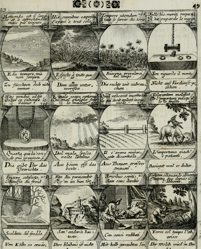 An illustration from M. Laurentii Wolfgangi Woyttens Emblematischer Parnassus : worauf die Musen, ihre Blumen-lese zu allerhand Freuden und Trauer-kränken halten. Um den Lob-werthen Tugend-chor durch angenehme rosen hergegen das ungezähmte Laster-thun mit wildem Dorn- und Distel-flor zu krönen, 1727, leaf 142