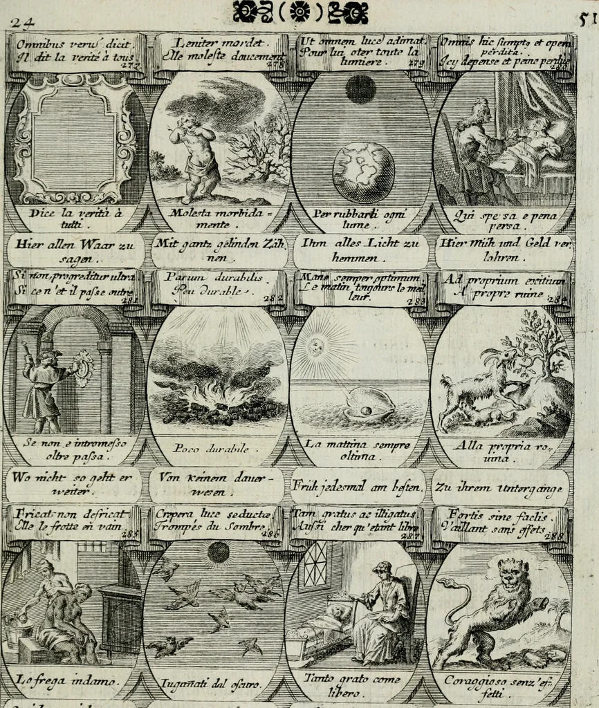 An illustration from M. Laurentii Wolfgangi Woyttens Emblematischer Parnassus : worauf die Musen, ihre Blumen-lese zu allerhand Freuden und Trauer-kränken halten. Um den Lob-werthen Tugend-chor durch angenehme rosen hergegen das ungezähmte Laster-thun mit wildem Dorn- und Distel-flor zu krönen, 1727, leaf 144