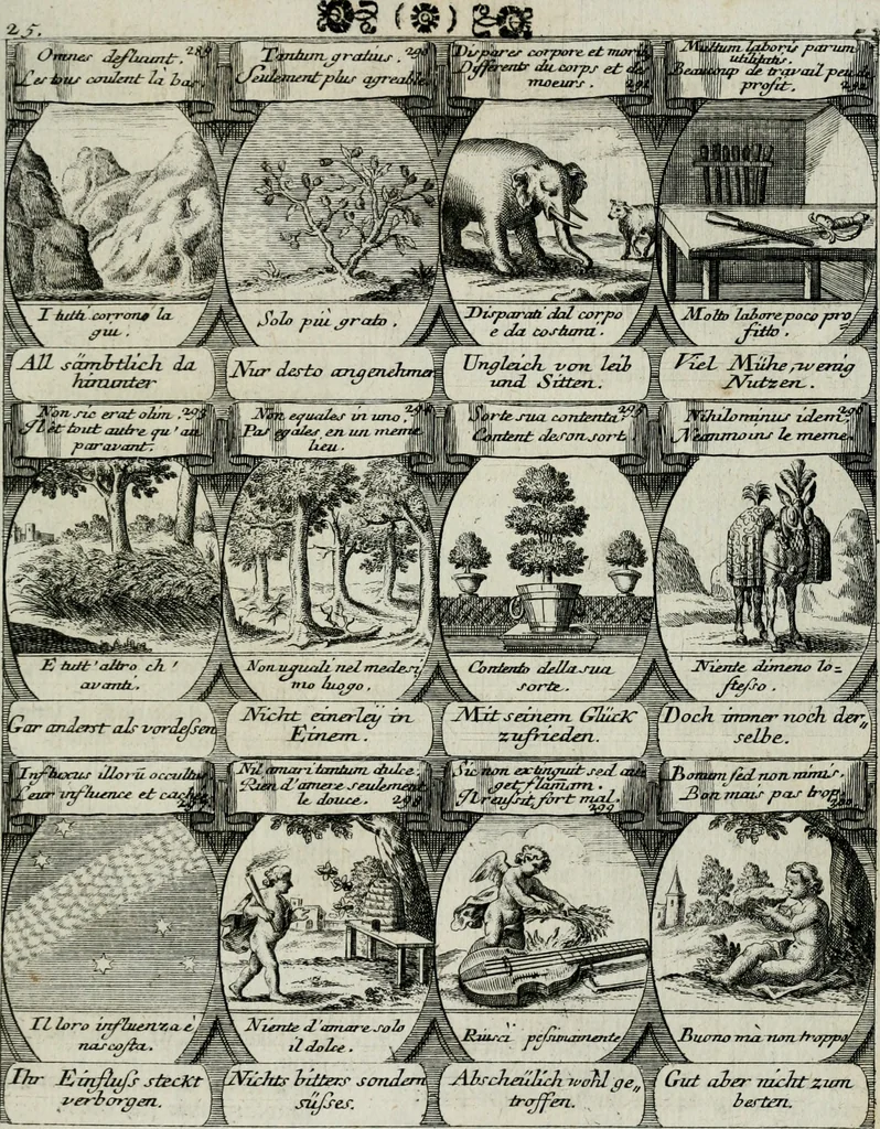 An illustration from M. Laurentii Wolfgangi Woyttens Emblematischer Parnassus : worauf die Musen, ihre Blumen-lese zu allerhand Freuden und Trauer-kränken halten. Um den Lob-werthen Tugend-chor durch angenehme rosen hergegen das ungezähmte Laster-thun mit wildem Dorn- und Distel-flor zu krönen, 1727, leaf 146