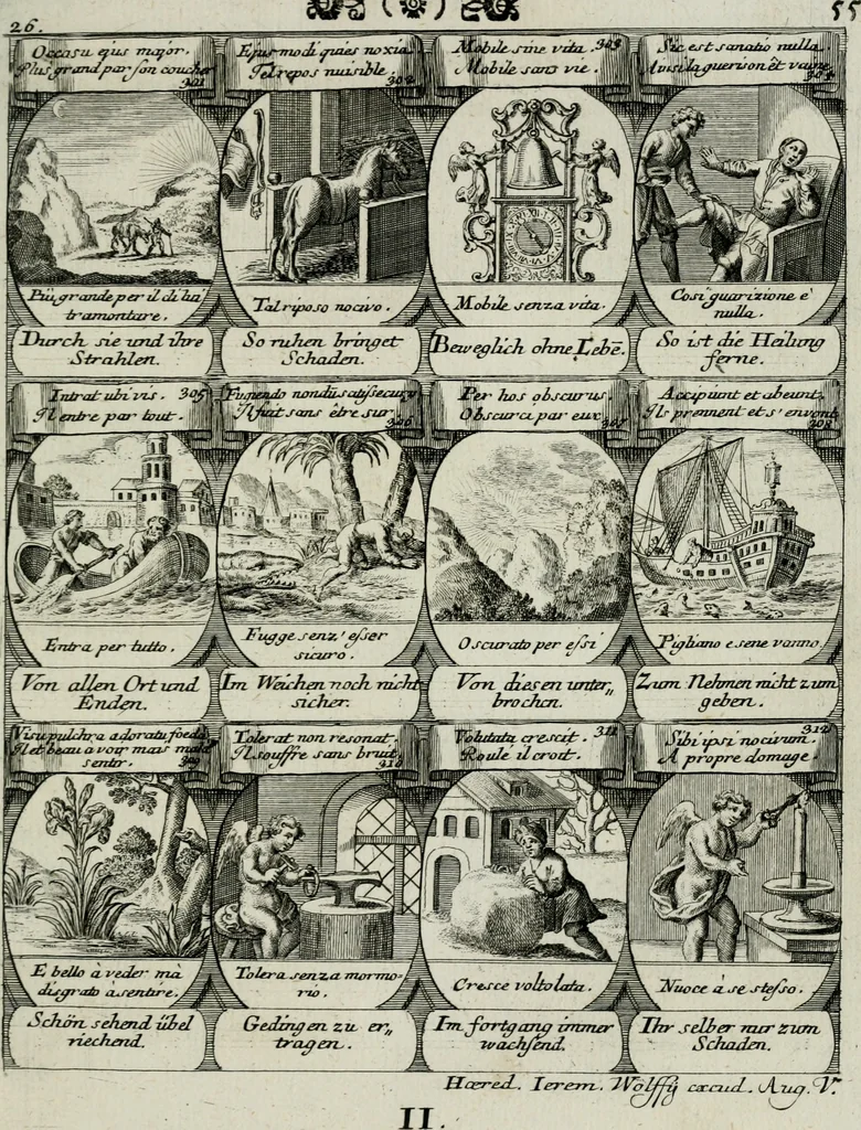 An illustration from M. Laurentii Wolfgangi Woyttens Emblematischer Parnassus : worauf die Musen, ihre Blumen-lese zu allerhand Freuden und Trauer-kränken halten. Um den Lob-werthen Tugend-chor durch angenehme rosen hergegen das ungezähmte Laster-thun mit wildem Dorn- und Distel-flor zu krönen, 1727, leaf 148