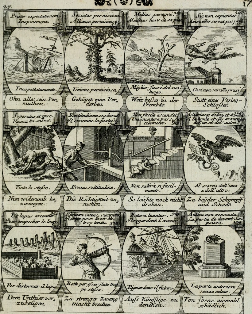 An illustration from M. Laurentii Wolfgangi Woyttens Emblematischer Parnassus : worauf die Musen, ihre Blumen-lese zu allerhand Freuden und Trauer-kränken halten. Um den Lob-werthen Tugend-chor durch angenehme rosen hergegen das ungezähmte Laster-thun mit wildem Dorn- und Distel-flor zu krönen, 1727, leaf 150