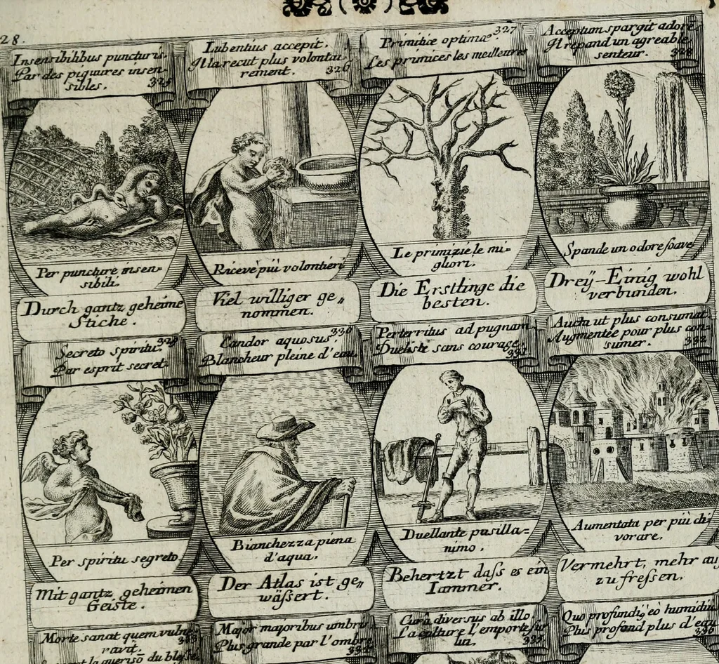 An illustration from M. Laurentii Wolfgangi Woyttens Emblematischer Parnassus : worauf die Musen, ihre Blumen-lese zu allerhand Freuden und Trauer-kränken halten. Um den Lob-werthen Tugend-chor durch angenehme rosen hergegen das ungezähmte Laster-thun mit wildem Dorn- und Distel-flor zu krönen, 1727, leaf 152