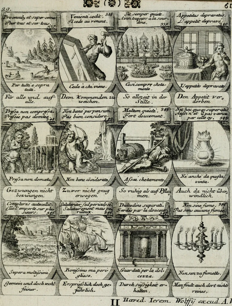 An illustration from M. Laurentii Wolfgangi Woyttens Emblematischer Parnassus : worauf die Musen, ihre Blumen-lese zu allerhand Freuden und Trauer-kränken halten. Um den Lob-werthen Tugend-chor durch angenehme rosen hergegen das ungezähmte Laster-thun mit wildem Dorn- und Distel-flor zu krönen, 1727, leaf 154