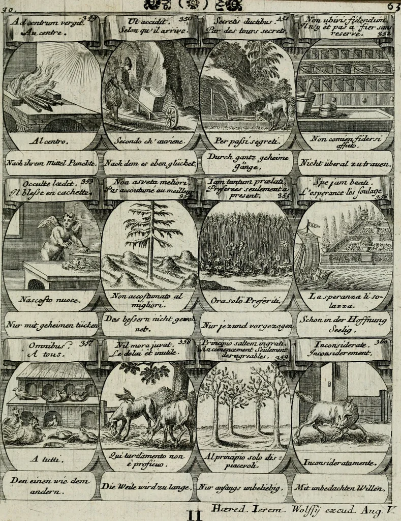 An illustration from M. Laurentii Wolfgangi Woyttens Emblematischer Parnassus : worauf die Musen, ihre Blumen-lese zu allerhand Freuden und Trauer-kränken halten. Um den Lob-werthen Tugend-chor durch angenehme rosen hergegen das ungezähmte Laster-thun mit wildem Dorn- und Distel-flor zu krönen, 1727, leaf 156