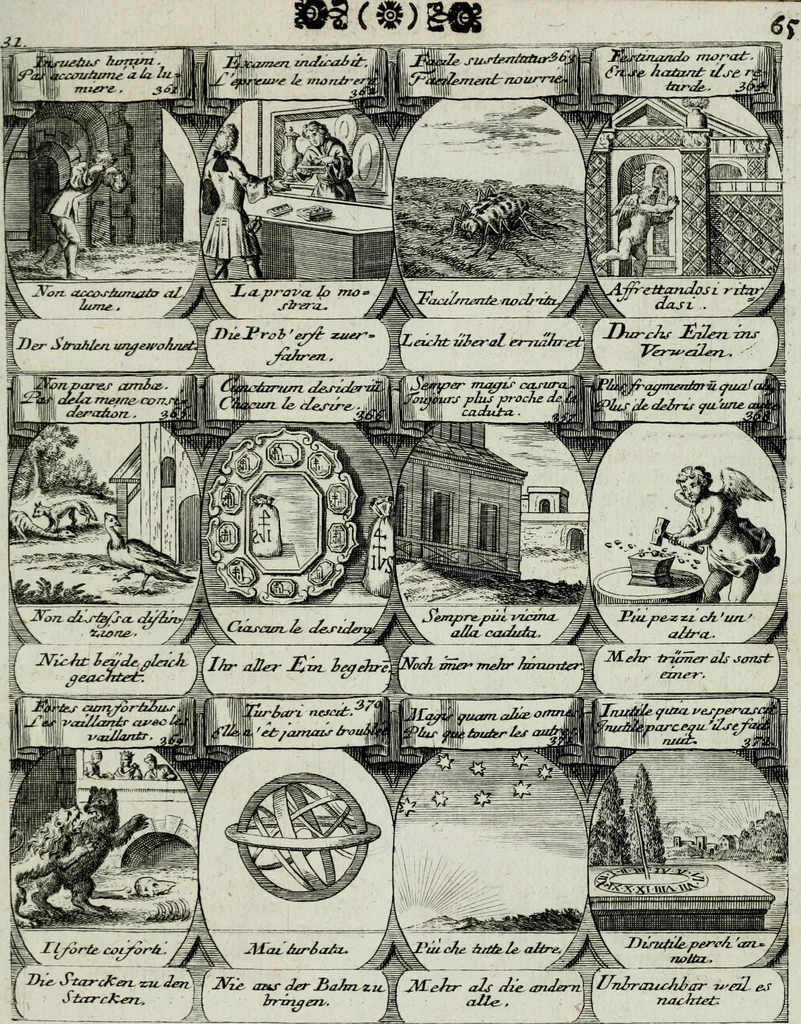 An illustration from M. Laurentii Wolfgangi Woyttens Emblematischer Parnassus : worauf die Musen, ihre Blumen-lese zu allerhand Freuden und Trauer-kränken halten. Um den Lob-werthen Tugend-chor durch angenehme rosen hergegen das ungezähmte Laster-thun mit wildem Dorn- und Distel-flor zu krönen, 1727, leaf 158