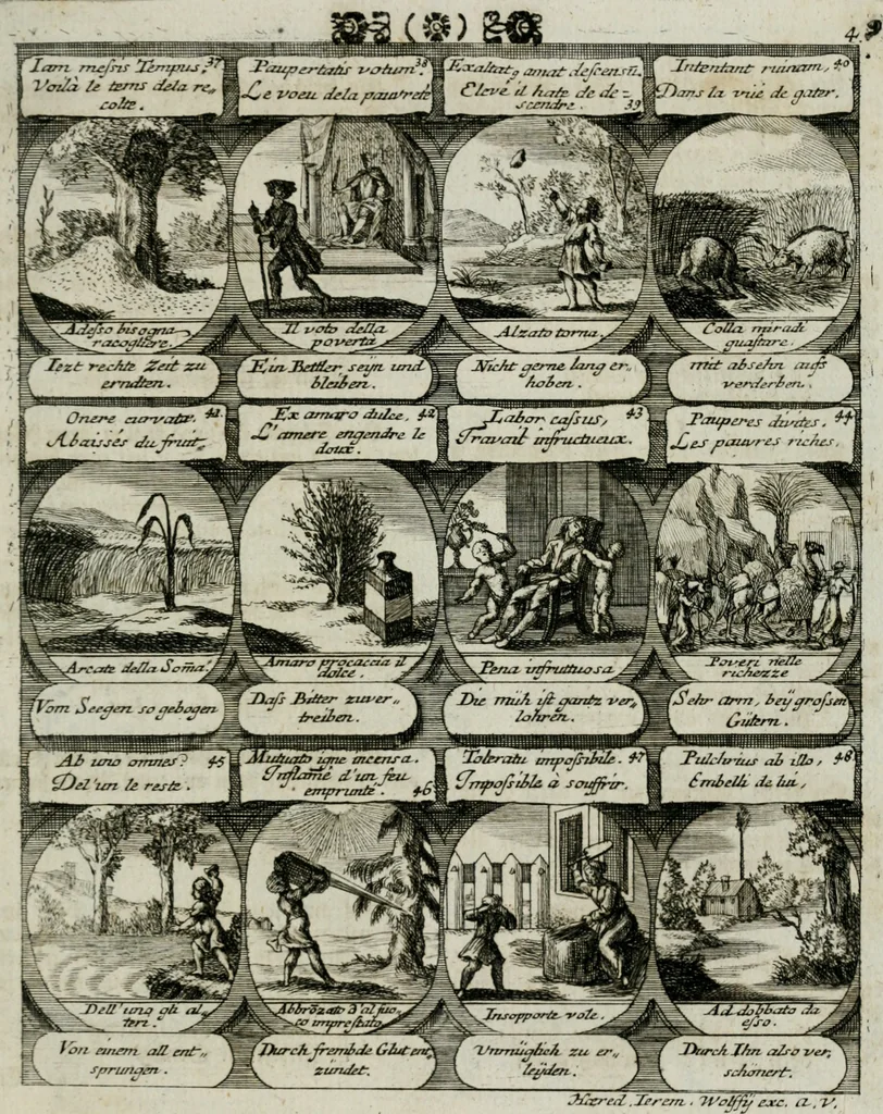 An illustration from M. Laurentii Wolfgangi Woyttens Emblematischer Parnassus : worauf die Musen, ihre Blumen-lese zu allerhand Freuden und Trauer-kränken halten. Um den Lob-werthen Tugend-chor durch angenehme rosen hergegen das ungezähmte Laster-thun mit wildem Dorn- und Distel-flor zu krönen, 1727, leaf 16