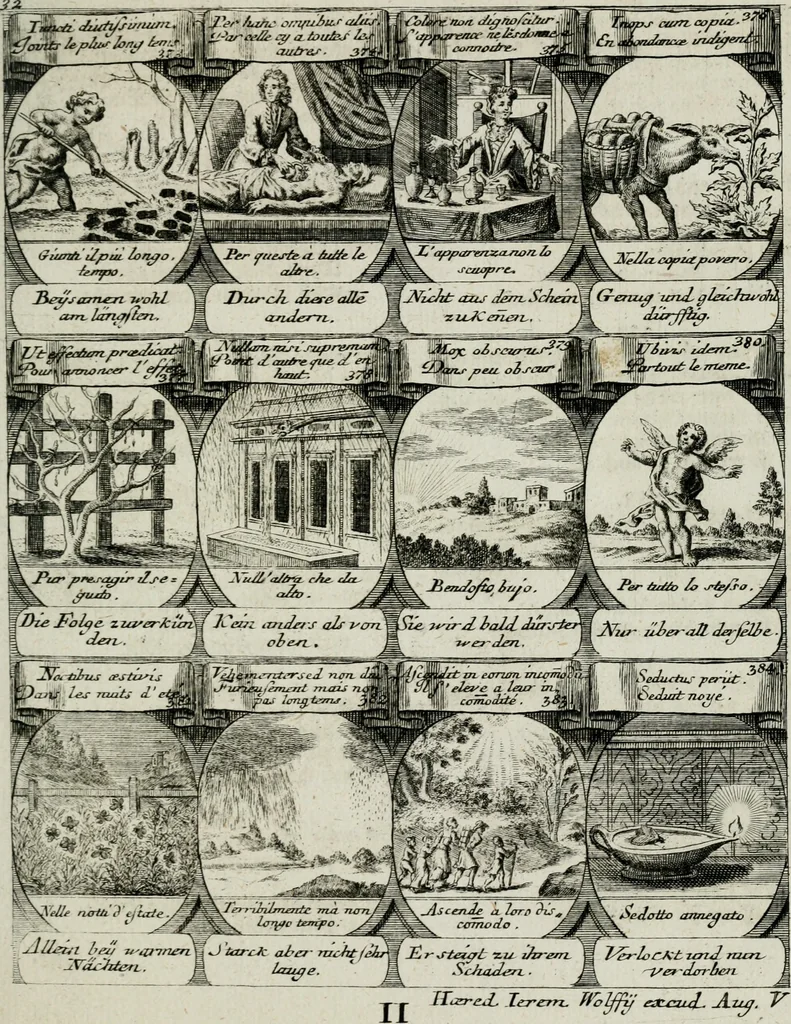 An illustration from M. Laurentii Wolfgangi Woyttens Emblematischer Parnassus : worauf die Musen, ihre Blumen-lese zu allerhand Freuden und Trauer-kränken halten. Um den Lob-werthen Tugend-chor durch angenehme rosen hergegen das ungezähmte Laster-thun mit wildem Dorn- und Distel-flor zu krönen, 1727, leaf 160
