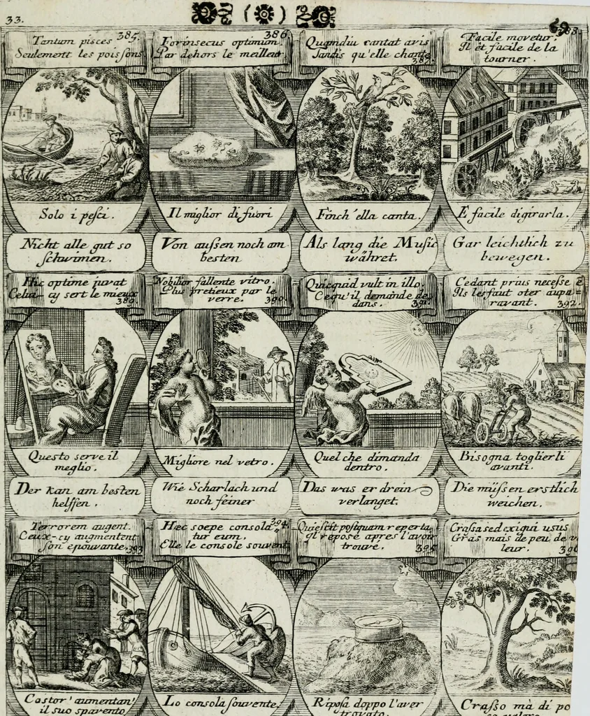 An illustration from M. Laurentii Wolfgangi Woyttens Emblematischer Parnassus : worauf die Musen, ihre Blumen-lese zu allerhand Freuden und Trauer-kränken halten. Um den Lob-werthen Tugend-chor durch angenehme rosen hergegen das ungezähmte Laster-thun mit wildem Dorn- und Distel-flor zu krönen, 1727, leaf 162