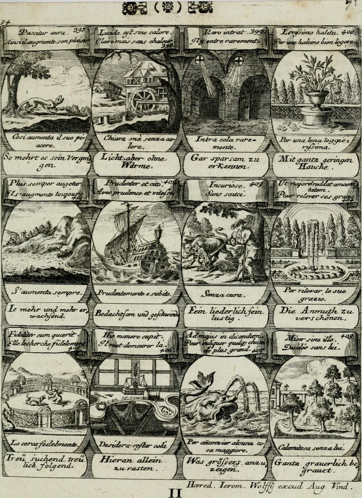 An illustration from M. Laurentii Wolfgangi Woyttens Emblematischer Parnassus : worauf die Musen, ihre Blumen-lese zu allerhand Freuden und Trauer-kränken halten. Um den Lob-werthen Tugend-chor durch angenehme rosen hergegen das ungezähmte Laster-thun mit wildem Dorn- und Distel-flor zu krönen, 1727, leaf 164
