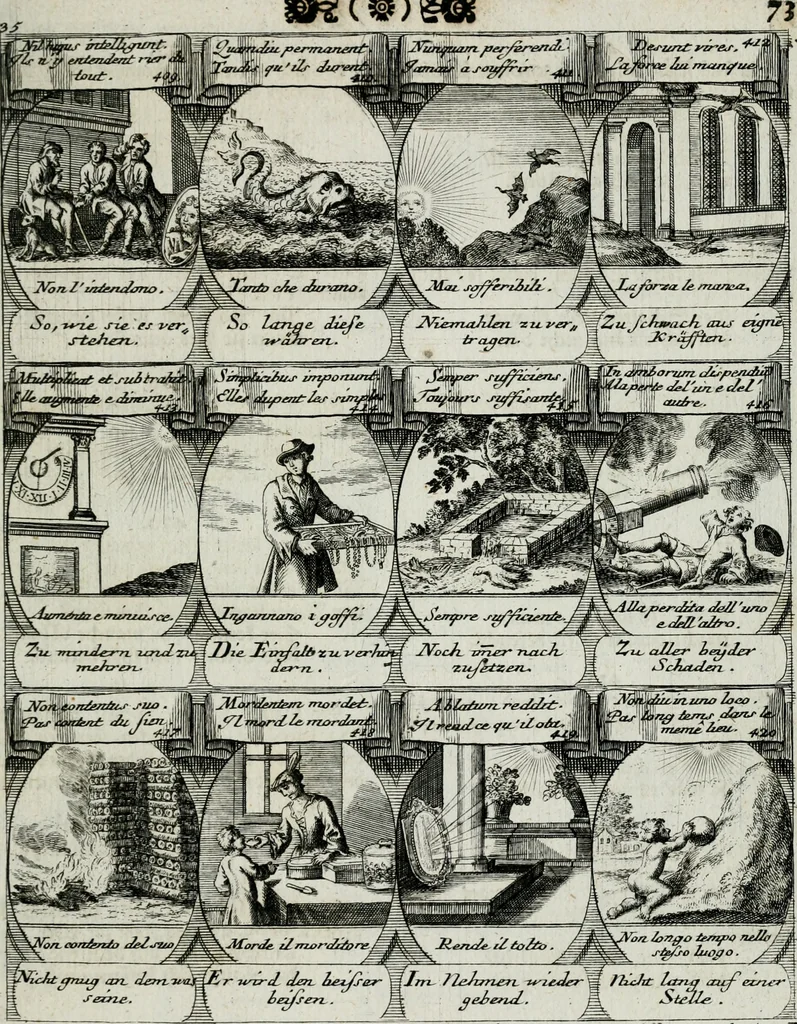 An illustration from M. Laurentii Wolfgangi Woyttens Emblematischer Parnassus : worauf die Musen, ihre Blumen-lese zu allerhand Freuden und Trauer-kränken halten. Um den Lob-werthen Tugend-chor durch angenehme rosen hergegen das ungezähmte Laster-thun mit wildem Dorn- und Distel-flor zu krönen, 1727, leaf 166