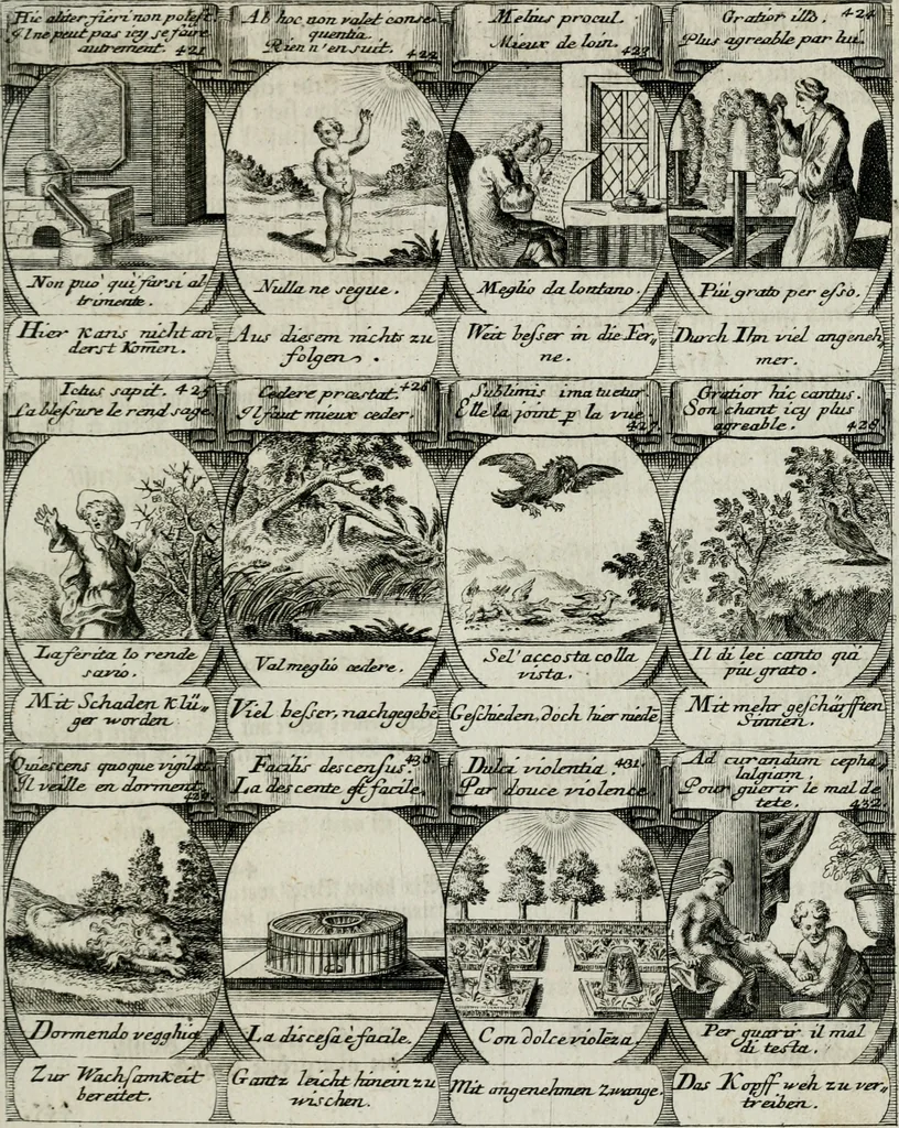 An illustration from M. Laurentii Wolfgangi Woyttens Emblematischer Parnassus : worauf die Musen, ihre Blumen-lese zu allerhand Freuden und Trauer-kränken halten. Um den Lob-werthen Tugend-chor durch angenehme rosen hergegen das ungezähmte Laster-thun mit wildem Dorn- und Distel-flor zu krönen, 1727, leaf 168
