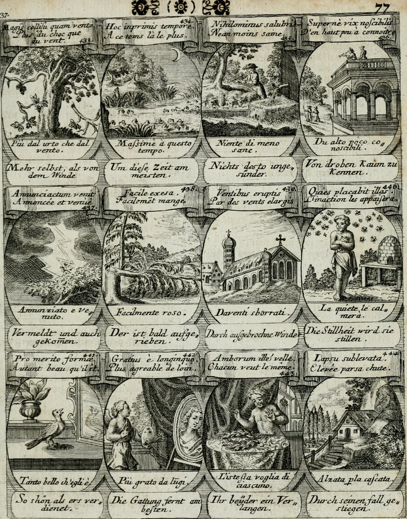 An illustration from M. Laurentii Wolfgangi Woyttens Emblematischer Parnassus : worauf die Musen, ihre Blumen-lese zu allerhand Freuden und Trauer-kränken halten. Um den Lob-werthen Tugend-chor durch angenehme rosen hergegen das ungezähmte Laster-thun mit wildem Dorn- und Distel-flor zu krönen, 1727, leaf 170