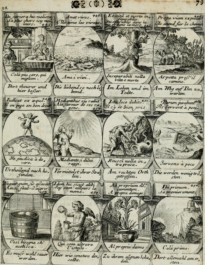 An illustration from M. Laurentii Wolfgangi Woyttens Emblematischer Parnassus : worauf die Musen, ihre Blumen-lese zu allerhand Freuden und Trauer-kränken halten. Um den Lob-werthen Tugend-chor durch angenehme rosen hergegen das ungezähmte Laster-thun mit wildem Dorn- und Distel-flor zu krönen, 1727, leaf 172