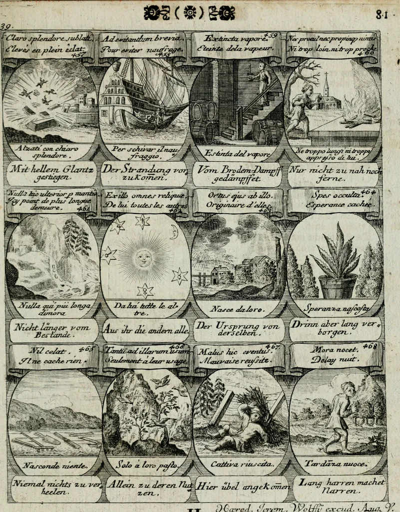 An illustration from M. Laurentii Wolfgangi Woyttens Emblematischer Parnassus : worauf die Musen, ihre Blumen-lese zu allerhand Freuden und Trauer-kränken halten. Um den Lob-werthen Tugend-chor durch angenehme rosen hergegen das ungezähmte Laster-thun mit wildem Dorn- und Distel-flor zu krönen, 1727, leaf 174