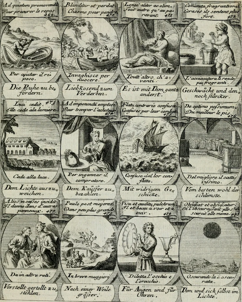 An illustration from M. Laurentii Wolfgangi Woyttens Emblematischer Parnassus : worauf die Musen, ihre Blumen-lese zu allerhand Freuden und Trauer-kränken halten. Um den Lob-werthen Tugend-chor durch angenehme rosen hergegen das ungezähmte Laster-thun mit wildem Dorn- und Distel-flor zu krönen, 1727, leaf 176