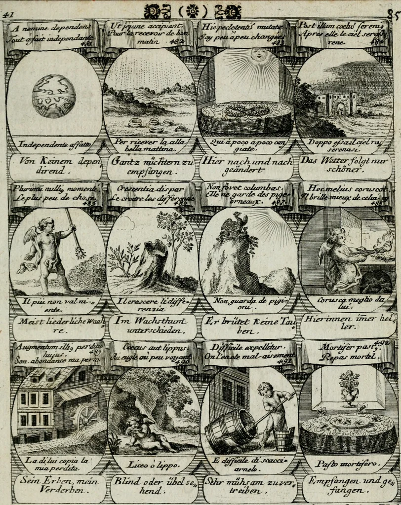 An illustration from M. Laurentii Wolfgangi Woyttens Emblematischer Parnassus : worauf die Musen, ihre Blumen-lese zu allerhand Freuden und Trauer-kränken halten. Um den Lob-werthen Tugend-chor durch angenehme rosen hergegen das ungezähmte Laster-thun mit wildem Dorn- und Distel-flor zu krönen, 1727, leaf 178