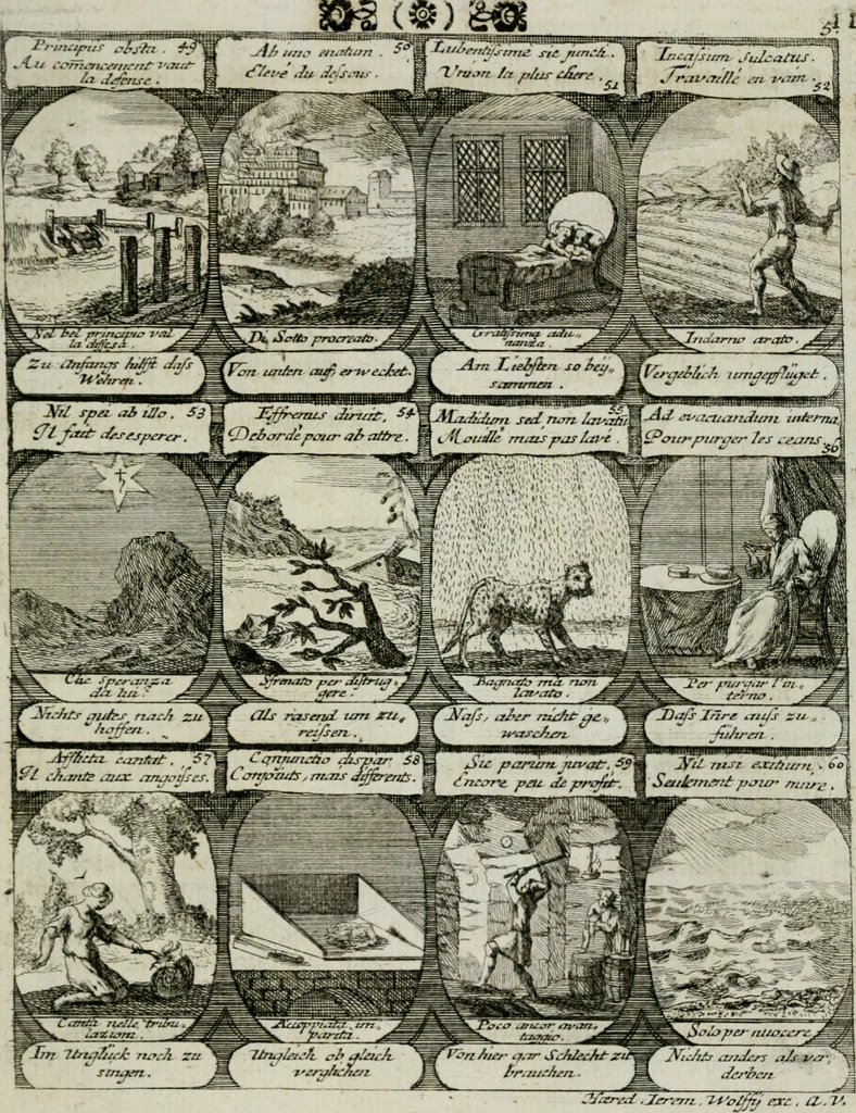 An illustration from M. Laurentii Wolfgangi Woyttens Emblematischer Parnassus : worauf die Musen, ihre Blumen-lese zu allerhand Freuden und Trauer-kränken halten. Um den Lob-werthen Tugend-chor durch angenehme rosen hergegen das ungezähmte Laster-thun mit wildem Dorn- und Distel-flor zu krönen, 1727, leaf 18
