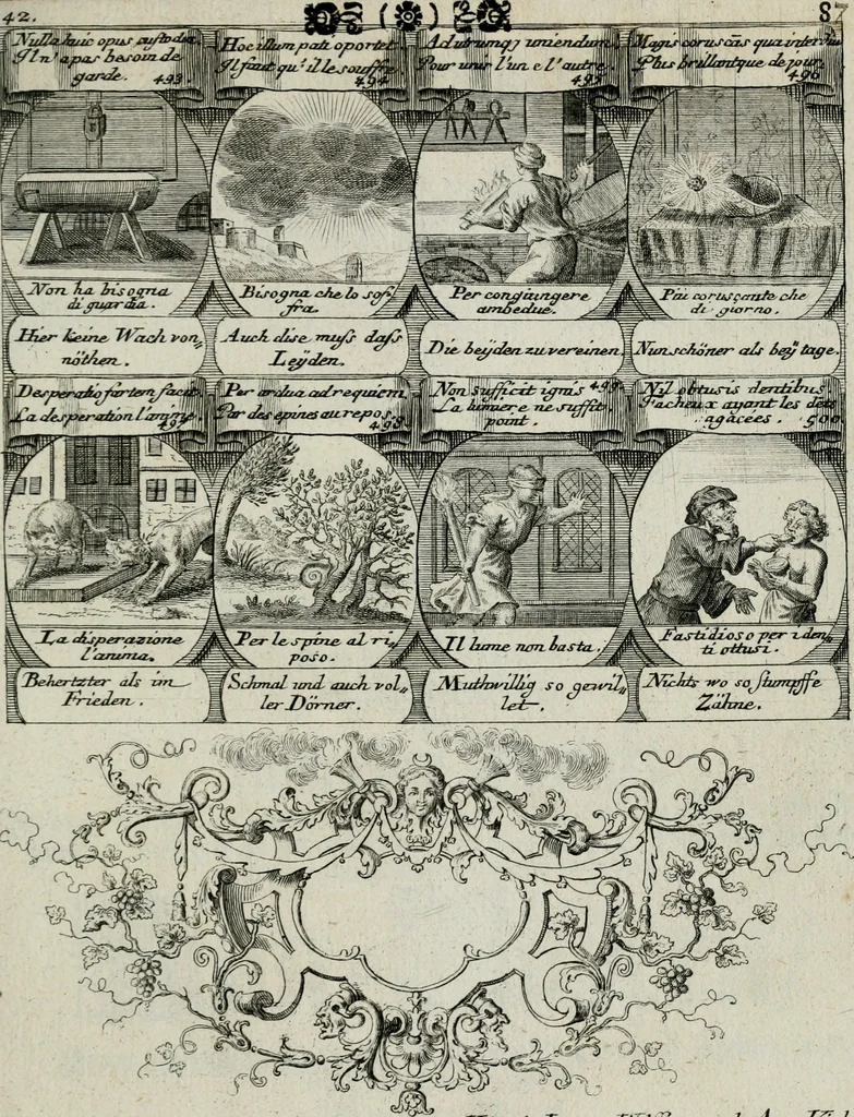 An illustration from M. Laurentii Wolfgangi Woyttens Emblematischer Parnassus : worauf die Musen, ihre Blumen-lese zu allerhand Freuden und Trauer-kränken halten. Um den Lob-werthen Tugend-chor durch angenehme rosen hergegen das ungezähmte Laster-thun mit wildem Dorn- und Distel-flor zu krönen, 1727, leaf 180