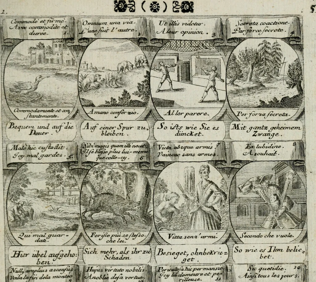 An illustration from M. Laurentii Wolfgangi Woyttens Emblematischer Parnassus : worauf die Musen, ihre Blumen-lese zu allerhand Freuden und Trauer-kränken halten. Um den Lob-werthen Tugend-chor durch angenehme rosen hergegen das ungezähmte Laster-thun mit wildem Dorn- und Distel-flor zu krönen, 1727, leaf 186