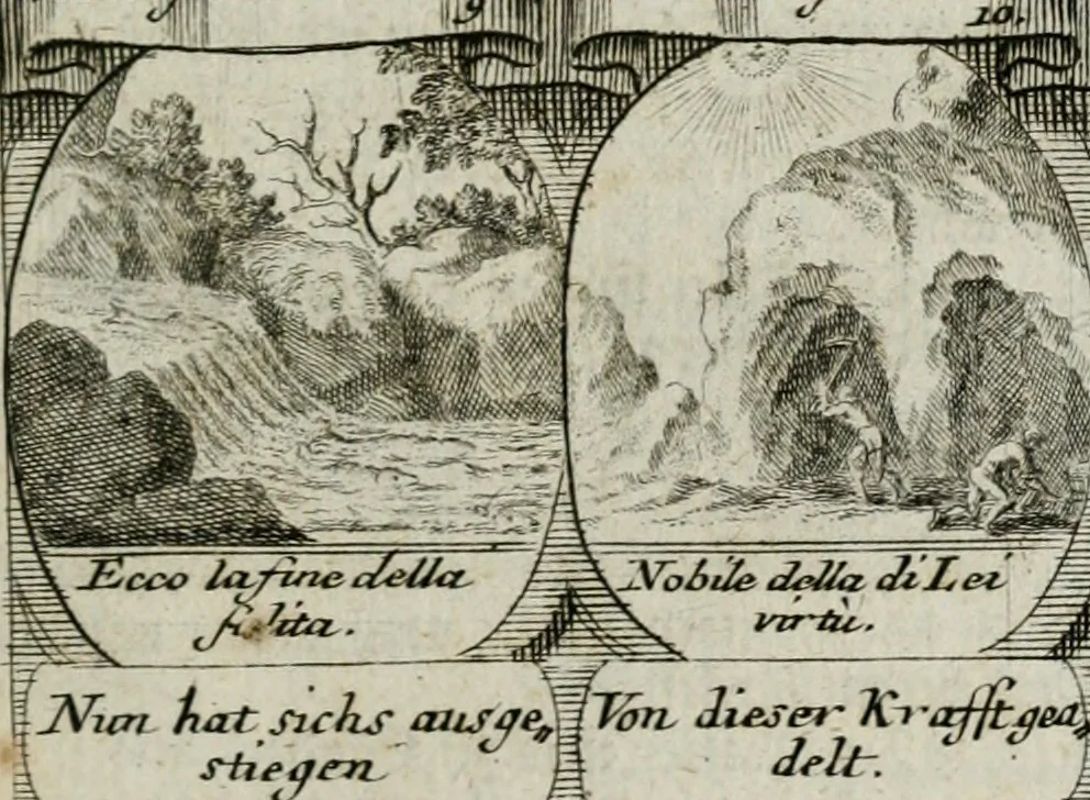 An illustration from M. Laurentii Wolfgangi Woyttens Emblematischer Parnassus : worauf die Musen, ihre Blumen-lese zu allerhand Freuden und Trauer-kränken halten. Um den Lob-werthen Tugend-chor durch angenehme rosen hergegen das ungezähmte Laster-thun mit wildem Dorn- und Distel-flor zu krönen, 1727, leaf 186