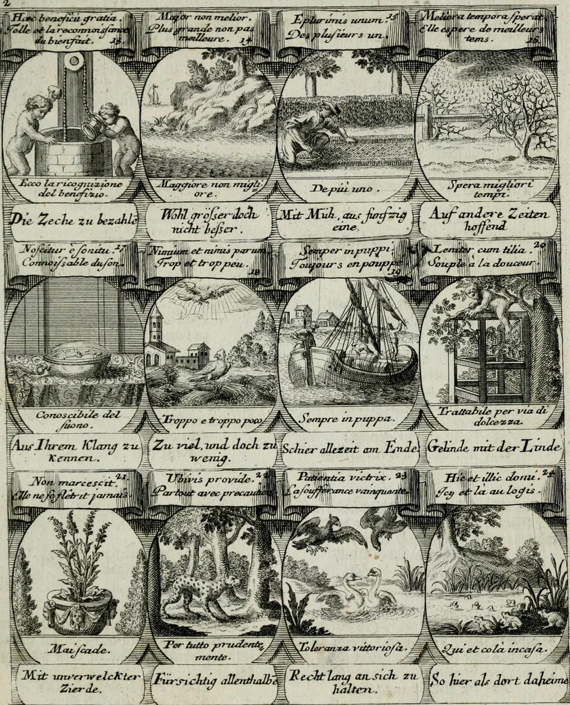 An illustration from M. Laurentii Wolfgangi Woyttens Emblematischer Parnassus : worauf die Musen, ihre Blumen-lese zu allerhand Freuden und Trauer-kränken halten. Um den Lob-werthen Tugend-chor durch angenehme rosen hergegen das ungezähmte Laster-thun mit wildem Dorn- und Distel-flor zu krönen, 1727, leaf 188
