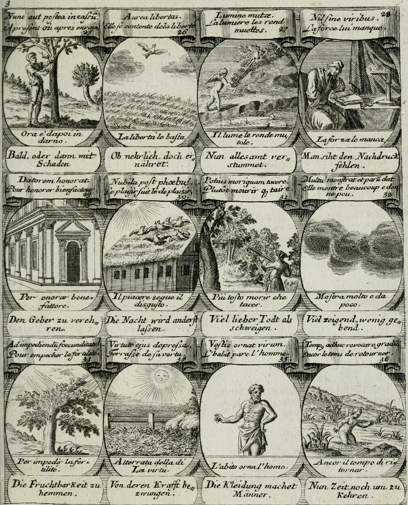 An illustration from M. Laurentii Wolfgangi Woyttens Emblematischer Parnassus : worauf die Musen, ihre Blumen-lese zu allerhand Freuden und Trauer-kränken halten. Um den Lob-werthen Tugend-chor durch angenehme rosen hergegen das ungezähmte Laster-thun mit wildem Dorn- und Distel-flor zu krönen, 1727, leaf 190