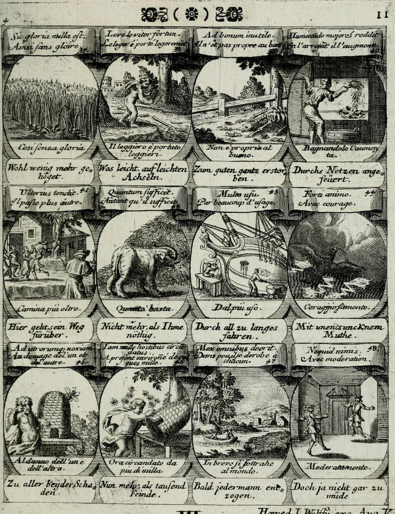 An illustration from M. Laurentii Wolfgangi Woyttens Emblematischer Parnassus : worauf die Musen, ihre Blumen-lese zu allerhand Freuden und Trauer-kränken halten. Um den Lob-werthen Tugend-chor durch angenehme rosen hergegen das ungezähmte Laster-thun mit wildem Dorn- und Distel-flor zu krönen, 1727, leaf 192