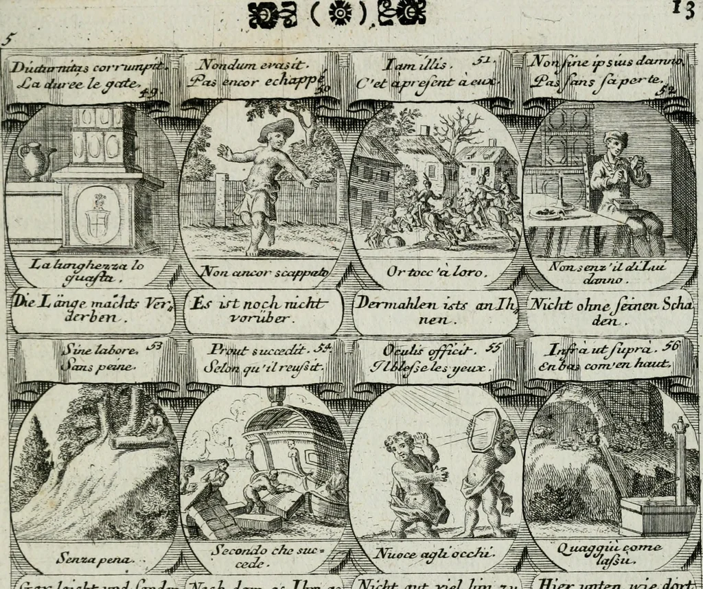 An illustration from M. Laurentii Wolfgangi Woyttens Emblematischer Parnassus : worauf die Musen, ihre Blumen-lese zu allerhand Freuden und Trauer-kränken halten. Um den Lob-werthen Tugend-chor durch angenehme rosen hergegen das ungezähmte Laster-thun mit wildem Dorn- und Distel-flor zu krönen, 1727, leaf 194